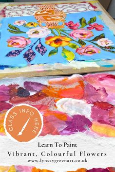 two canvass with flowers painted on them and the words learn to paint vibrant floral flowers