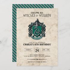 a harry potter birthday party card with the hogwarts crest on it's front