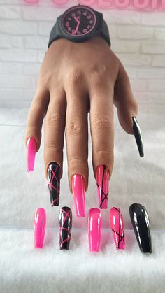 The nails in this set can be provided to you in any shape/length offered by 5 o'clock beauty. Items are sold together can not be separated. All nails have hard gel over lay for extra stability and longevity. Image shown in xxl coffin  Available in sizes  XS-3,6,5,7,9   S-2,5,4,6,9   M-1,5,4,6,8   L-0,4,3,5,7 XL-0,3,2,4,6 If pre-size sets are not a good fit for you, I offer free nail size kit with your order. Keep in mind that it's a back and forth process so it takes a little more time to receiv Pink And Black Nails, Pink Black Nails, Black Press On Nails, Press On Nails Black, Pink Press On Nails, Acrylic Press On Nails, Pretty Nail Designs, 5 O Clock, Pink Nail Designs