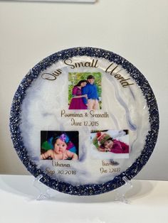 a blue and white plate with two pictures on it, one is for a baby