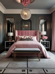 a bedroom with pink bedding, black walls and chandelier hanging from the ceiling