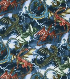 a blue and red dragon print fabric with white clouds in the background, as well as two