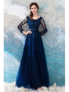 Dark Navy Blue Beaded Lace Long Prom Dress Tulle With Long Sleeves Blue Formal Dress Long, Prom Dresses Lace Sleeves, Blue Dress With Sleeves, Blue Lace Prom Dress, Lace Evening Dress Long, Navy Blue Long Dress, Prom Dresses Long Blue, Neon Prom Dresses, Navy Blue Prom Dresses