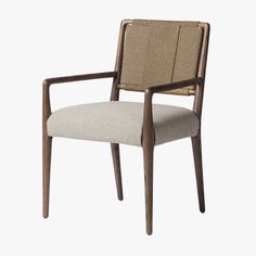 an upholstered chair with a beige fabric seat and back, viewed from the front