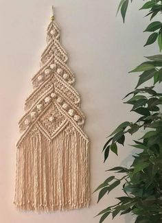 a macrame wall hanging on the wall next to a potted plant