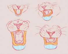 four different angles of a cat's mouth with its tongue open and teeth wide