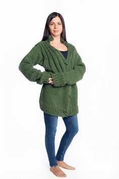 New Hand Knit Wool Cardigan with buttons, Women Thick Coat for Winter, Pure Wool Sweater, Oversized Clothing for Women 100 % handmade  100 % luxury 100% wool  This amazing Women cardigan is made by Luxury yarn with 100% wool, warm and soft.  The model is fashion, chic and suited for casual days. It will feel you comfort, warm and cosy with every moving of your body.  If you want to feel special, unique, comfortable, warm and cosy - you are at the right place!  It's fit elegant, stylish and you w Oversized Green Cardigan With Button Closure, Cozy Green Sweater With Buttons, Cozy Green Outerwear With Buttons, Oversized Winter Cardigan With Buttons, Cozy Green Button-up Cardigan, Oversized Cozy Sweater With Buttons, Cozy Oversized Sweater With Buttons, Oversized Cozy Sweater Coat With Button Closure, Cozy Oversized Button Cardigan