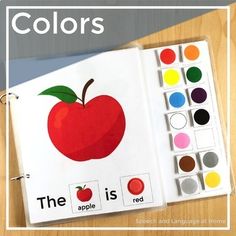 an apple is shown with the words colors in front of it, and there are color samples