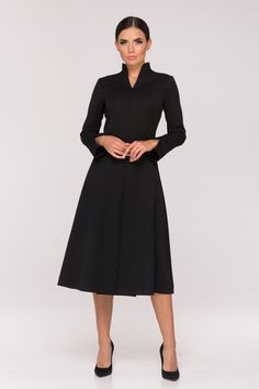 Cocktail Long Sleeve Black Women's Dress Fit and Flare - Etsy Fit And Flare A-line Midi Dress For Work, Stretch A-line Pleated Midi Dress, Modest Fitted A-line Long Sleeve Dress, Fall A-line Midi Dress With Pleated Sleeves, Stretch A-line Midi Dress For Work, Chic Pleated Long Sleeve Dress For Winter, Fitted A-line Long Sleeve Dress For Fall, Solid Color Spring Dresses With Stand Collar, A-line Midi Dress With Pleated Waist For Work