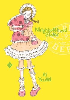 a drawing of a girl in a pink dress and boots holding an umbrella with the words neighborhood story written on it