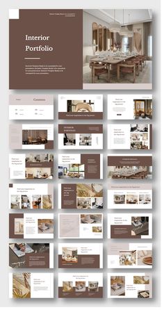 the interior design presentation is shown in brown and white, with lots of different elements