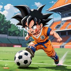 a cartoon character kicking a soccer ball on a field