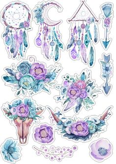 watercolor stickers with flowers and feathers