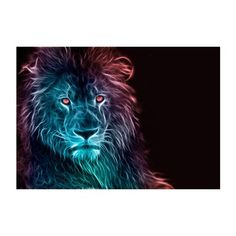 a lion with red eyes is shown in the dark night time poster print on a black background