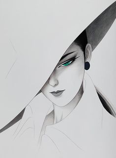 a drawing of a woman with green eyes wearing a white hat and black nose ring