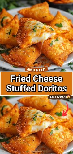 fried cheese stuffed doritos on a white plate with the title overlay that reads quick and easy