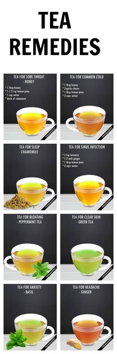 tea remedies in different bowls and cups