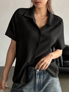 Women's Short Sleeve Solid Color Single-Breasted Casual T-Shirt For Summer Black Casual  Short Sleeve Polyester Plain  High Stretch Summer Women Clothing, size features are:Bust: ,Length: ,Sleeve Length: Short Sleeved Shirts Women, Short Sleeve Shirt Outfit, Black Blouse Short Sleeve, Summer Outerwear, Black Button Up Shirt, Black Short Sleeve Shirt, Short Sleeve Shirt Women, Women T Shirts, Casual T Shirt