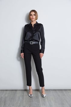 It's all in the details! All eyes are on the chiffon detailing that accents the neckline & placket of our Stretch Silk Satin Button Down Shirt. Dress it up or down with our denim for a fresh take on a must-have. Elie Tahari Exclusive Stretch Silk Satin Button Down Shirt with Chiffon Ruffle detailing 93% Silk, 7% Elastane Runs true to size. Model is 5'9" and wearing size S Length From Shoulder to Hem: Sleeve 32.5"L, Back 25"L (approx. length for size S) Dry Clean Only Imported Style #: E7053524 Satin Button Down Shirt, Button Down Shirt Dress, Jumpsuit Jacket, Long Sleeve Short Dress, Satin Shirt, Chiffon Ruffle, Elie Tahari, All Eyes, Knit Tees