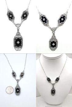 This is a true to period art deco style pendant! Victorian Style Sterling Silver Black Onyx Diamond Filigree Necklace with 18 Inch Chain and Diamond Links. Period Art, Necklace Art Deco, Necklace Art, Filigree Necklaces, Deco Vintage, Style Necklace, Art Deco Style, Victorian Style, Deco Style