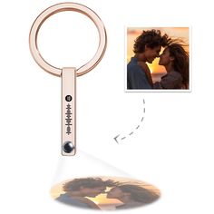 a couple kissing in front of a keychain with an image on the back