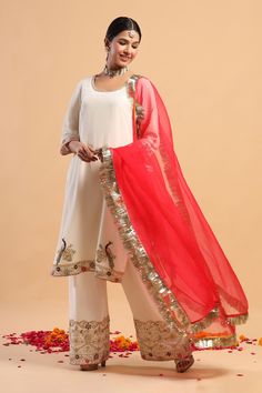 Shop for these amazing collections of Beige Kurta And Pant Silk Dupatta Organza Embroidery Round Set For Women by Ruar India online at Aza Fashions. Luxury Silk Dupatta With Weaving Work, Designer Suits For Wedding, Clothes Makeover, Beige Kurta, Organza Embroidery, Hand Painted Dress, Boutique Suits, Boutique Ideas, Dress Design Patterns