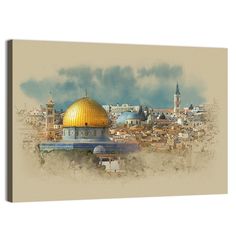 an artistic painting of the dome of the rock in the middle of the city