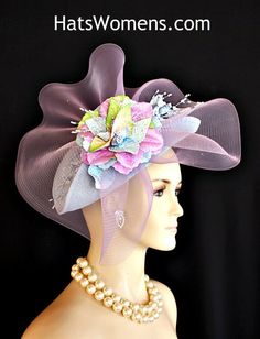 "Women's Ice Light Baby Blue Poly Sinamay Straw Fashion Designer Haute Couture Shaped Vintage Styled Cocktail Hat Headpiece Wedding Bridal Fascinator Hair Accessory. This Couture Custom Made Kentucky Derby Hat Is Embellished With A Large Lavender Purple Horsehair Crinoline Bow Enhanced With Beautiful Custom Made Vintage Silk And Velvet Millinery Flowers. Colors Include Baby Blue, Peach, Lime Green And Lavender Purple. Gorgeous Ice Blue Roses Containing Pearls Are Placed On Each Side Of The Main Lilac Fascinator, Mother Of The Bride Hats, Fascinator Hair, Custom Made Hats, Millinery Flowers, Bridal Fascinator, Bridal Hat, Spring Racing, Wedding Fascinators