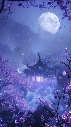 an image of a full moon in the sky above some trees and bushes with purple flowers