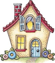 a drawing of a small house with flowers around the front door and windows on each side