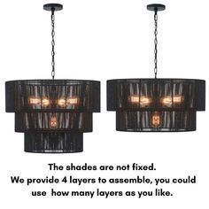 two chandeliers hanging from chains with the words, the shades are not fixed we provide 4 layers to assemble, you could use how many layers as you like