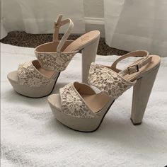 Size 9 Creamish Beige Platform Heels! Super Cute! Never Worn Before, So Still In Amazing Condition. Beautiful Design On Front Straps! Can Be Flexible On Price If Offer Is Made. Summer Lace Heels With Block Heel, Summer Lace Block Heel Heels, Cream Lace Open Toe Heels, Beige Wedge Heel Party Shoes, Beige Wedge Heels For Party, Spring Party Lace Heels, Lace Block Heel Party Shoes, Lace Block Heel Party Heels, Lace Block Heels For Party