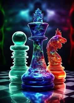 three colorful chess pieces on a black and white checkered floor with bright lights in the background