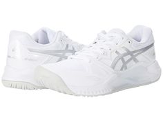 ASICS GEL-Challenger 13 - Women's Shoes : White/Pure Silver : Ace the competition and make the transition from court to street with ASICS and the Gel-Challenger 13 tennis shoe. Made for the recreational tennis player. Breathable mesh, textile, and synthetic upper materials. Flexion Fit upper provides a snug fit that doesn't sacrifice support. Traditional lace-up closure. PGuard Toe Protector overlay boots durability. Padded tongue and collar. P.H.F. (Personal Heel Fit) employs two layers of memo White Mesh Asics Running Shoes, White Asics Mesh Running Shoes, Asics White Mesh Running Shoes, White Athleisure Sneakers For Tennis, Breathable Asics Tennis Sneakers, White Synthetic Tennis Running Shoes, White Sweat-resistant Sneakers For Sports, Functional White Sweat-resistant Sneakers, White Asics Sneakers For Training