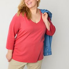 Features: EssentialsClosure Type: Pullover HeadFit: Regular FitNeckline: V NeckSleeve Length: 3/4 SleeveApparel Length: 29 InchesFiber Content: 100% CottonFabric Description: RibCare: Tumble Dry, Machine WashMaterial: CottonCountry of Origin: Imported Red Stretch Tops With 3/4 Sleeves, Solid Color Relaxed Fit Top With 3/4 Sleeves, Cotton Tops With 3/4 Sleeves, Stretch Cotton Tops With 3/4 Sleeves, Basic 3/4 Sleeve Cotton Top, Basic Cotton Top With 3/4 Sleeves, Basic Cotton Tops With 3/4 Sleeves, Shirt Shop, Shirts Tops