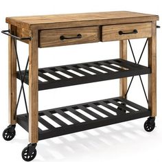 a wooden table with two drawers and wheels on the bottom shelf, against a white background