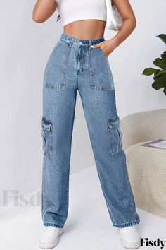 Fisdy - Premium Blue Casual Denim Jeans with Solid Patchwork and High Waist Design Denim Style Casual, Best Jeans For Women, Casual Denim Jeans, Straight Cut Jeans, Jeans Fabric, Denim Patterns, Best Jeans, Denim Overalls, Casual Denim