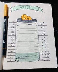 an open notebook with a drawing of a jar and lemons on it, next to a pen