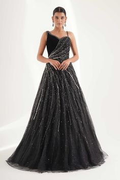 Black attached cancan padded gown with gradient embroidery with beads, nalki, pearl, stone, sequin and cutdana. - Aza Fashions Indian Designer Gowns, Gradient Embroidery, Skirt Palazzo, Asymmetric Gown, Rahul Khanna, Embroidered Beads, Neeta Lulla, Gown For Women, Latest Designer Sarees