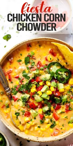 a bowl filled with chicken corn chowder and topped with cilantro