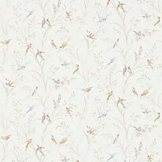 a white wallpaper with birds and flowers on the side, in front of a light blue background