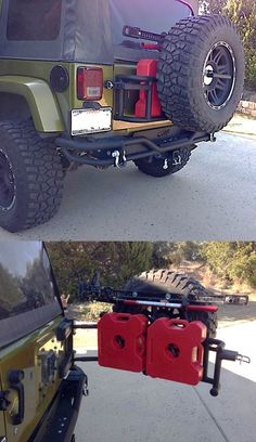 two pictures of the back end of a green jeep with red coolers on it