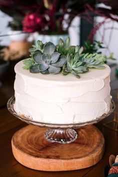 there is a white cake with succulents on it