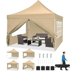 an image of a tent set up with furniture and accessories to fit in the package