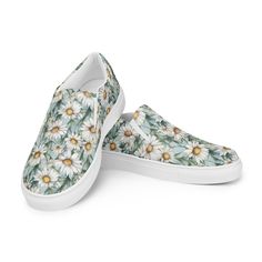 Women's Birth Flower slip-on canvas shoes, April Daisy Made for comfort and ease, these Women's Slip-On Canvas Shoes are stylish and the ideal piece for completing an outfit. Equipped with removable soft insoles and rubber outsoles, it's also easy to adjust them for a better fit. *  100% polyester canvas upper side *  Ethylene-vinyl acetate (EVA) rubber outsole *  Your brand on the box, insole, and tongue of the shoe  *  Breathable lining, soft insole *  Elastic side accents *  Padded collar and White Canvas Slip-ons For Summer, Comfortable White Textile Slip-ons, Summer Slip-on Sneakers With Vulcanized Sole, Comfortable Slip-on Sneakers For Summer, Spring Canvas Shoes With White Sole, Floral Print Canvas Shoes For Summer, Summer Slip-ons With White Sole, Summer Canvas Slip-on Sneakers, White Slip-on Canvas Shoes For Spring