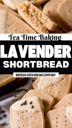 some shortbread cookies with white frosting on top and the words, lavender shortbread cookies