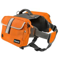 an orange fanny bag with grey straps on the front and side pockets, attached to a white background