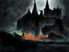 a painting of a castle in the dark with red flames coming out of its chimneys