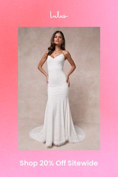 a woman in a white wedding dress with the words shop 20 % off site on it