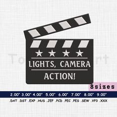 a black and white movie clapper with the words lights, camera action on it